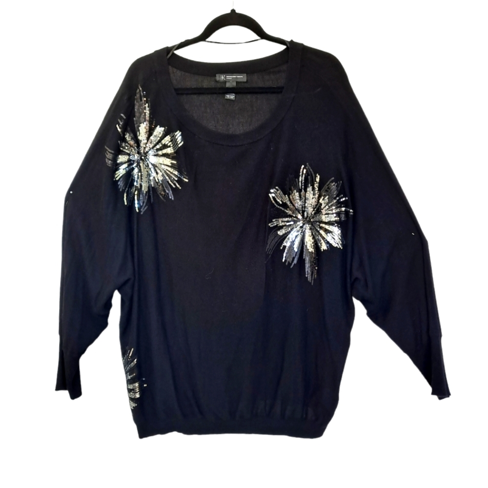 INC International Concepts Black Boho Metallic Floral Beaded Sweater Sz 3X